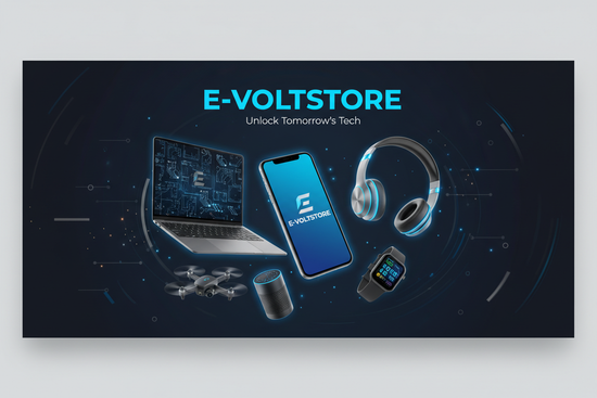Create a visually striking, modern banner for E-VoltStore, an electronics store. The banner should convey innovation and high-tech vibes, featuring sleek devices such as smartphones, laptops, headphones, and smart gadgets. Use a clean, professional design with vibrant but balanced colors, bold typography for the store name, and a layout that immediately captures attention. The overall style should be contemporary, tech-focused, and optimized for e-commerce promotion