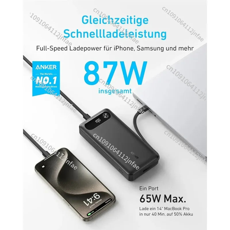 Power Bank 20,000mAh Portable Charger with Built-in USB-C Cable 87W Max Fast Charging Battery Pack 2 USB-C and 1 USB-A