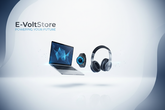 Design a sleek, minimalist banner for E-VoltStore, an electronics store. Focus on a futuristic, clean aesthetic with ample white space, subtle gradients, and soft glowing accents. Highlight top-selling electronics like laptops, smartwatches, and headphones in a visually appealing arrangement. Use modern, sans-serif typography for the store name and a subtle tech-inspired color palette (blues, silvers, and blacks). The design should feel premium, cutting-edge, and instantly convey trust and quality